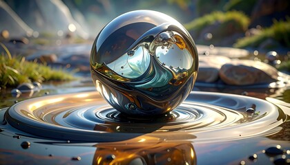 Refractive fluidity: A mesmerizing orb reflecting liquid motion and natural beauty