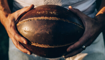 Nahaufnahme eines alten Leder-Footballs in den Händen eines Spielers