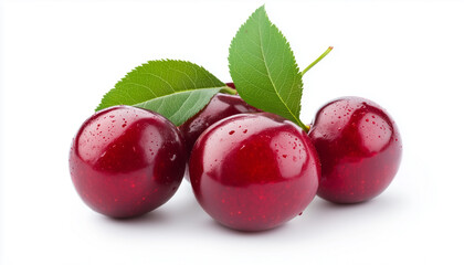 Tasty fresh cherry fruit with green leaf isolated on white background