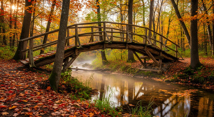 Rustic wooden bridge over a misty river in an autumn forest with colorful foliage and trees