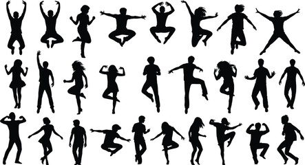 Jumping, dancing, and celebrating people silhouettes set, happy young men and women in various active poses, isolated on white background for design.