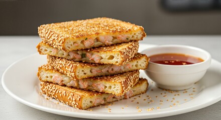 Stack of golden sesame shrimp toast slices with dipping sauce on a white plate.