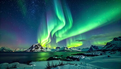 Aurora Borealis streaks green light across the night sky above snow-capped mountains and a dark shoreline