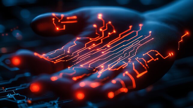 Futuristic technology concept showcasing glowing circuit patterns on a hand, symbolizing innovation and connectivity for the digital age and artificial intelligence - Powered by Adobe
