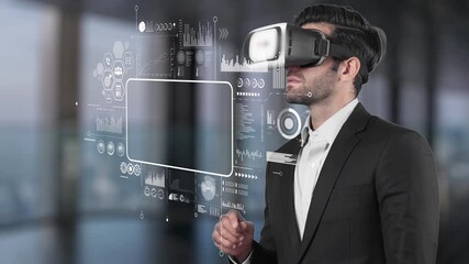 A focused man wearing a virtual reality headset explores innovative technology in a modern office setting. Visual data and digital interfaces enhance his immersive experience. Raster - Powered by Adobe