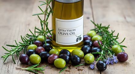 Extra virgin olive oil bottle surrounded by olives and rosemary on a wooden surface top view
