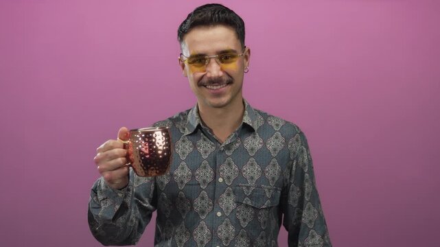 Young hispanic man holding a copper mug against an isolated pink background wearing yellow glasses and a patterned shirt with a smile.