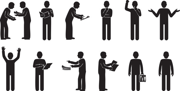 Black stick figures illustrating diverse human actions, communication, and business scenarios, such as discussion, presentation, and work