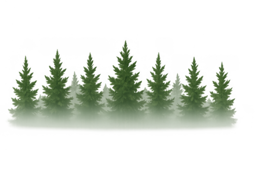 Pine trees in fog or mist row, natural coniferous forest green landscape, isolated on transparent background