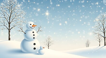 Snowman family standing in a snowy landscape with falling snowflakes and bare trees