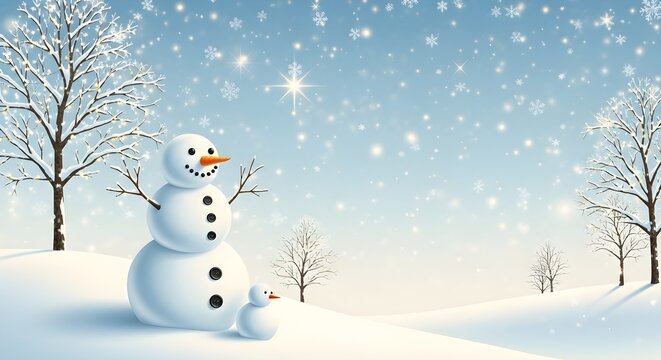 Snowman family standing in a snowy landscape with falling snowflakes and bare trees - Powered by Adobe