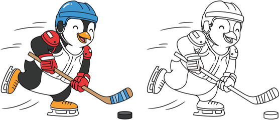 Cute cartoon penguin playing ice hockey vector illustration with black and white outline version for coloring book or educational design © MstAsia