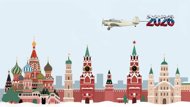 Vintage Banner Plane Carrying 2026 Numbers Filled with Russian Flag Over Moscow Sky &ndash; New Year Animation