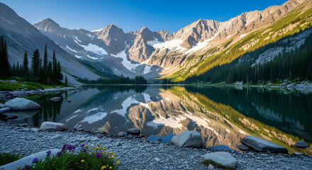 Scenic mountain lake reflecting the sky and mountains with rocky shore and evergreen trees view