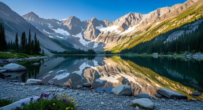 Scenic mountain lake reflecting the sky and mountains with rocky shore and evergreen trees view - Powered by Adobe