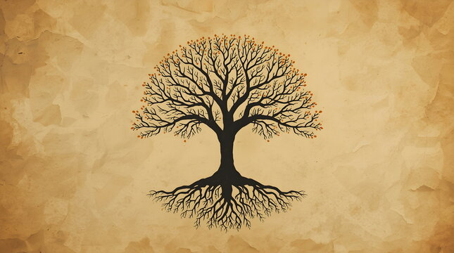 Illustration of a Tree with Roots on Vintage Textured Parchment Paper Background