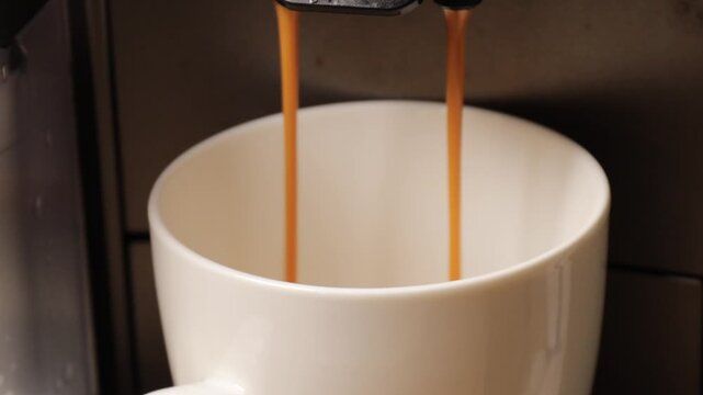 fresh coffee drops falling from a coffee machine into a white mug in a closeup scene capturing the warm brewing process and the aroma of a freshly prepared drink in a kitchen setting