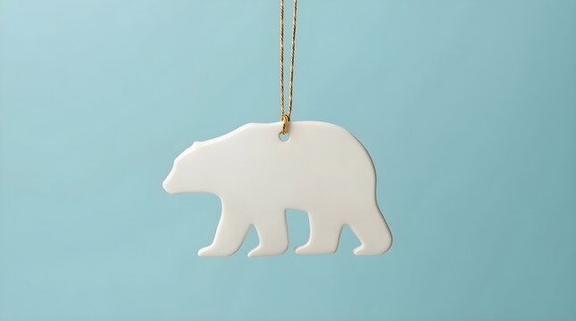 Minimalist White Ceramic Polar Bear Christmas Ornament Hanging on Blue Background