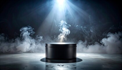 Black cylinder sits on marble-like surface under a bright spotlight in smoky atmosphere