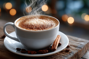 Steaming cup of coffee with cinnamon and star anise