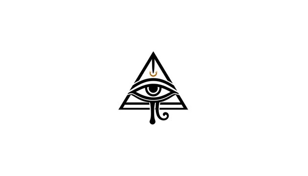 Black eye symbol inside a triangle, gold circle above, against white. Design is stylized, occult, mysterious