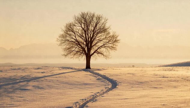 Serene winter landscape featuring a solitary leafless tree on snow-covered ground with soft sunlight, footprints in the snow, peaceful and minimalist
