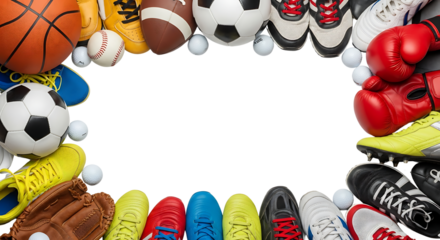Assorted sports equipment creating a rectangular frame on a white background, perfect for athletic-themed designs and announcements