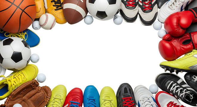 Assorted sports equipment creating a rectangular frame on a white background, perfect for athletic-themed designs and announcements