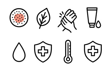 Skin Irritation Icons. Skin irritation concept linear icon set: red rash, leaf contact, itching hand, cream tube, droplet, medical cross, shield, thermometer