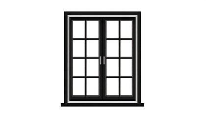 Black framed window with paneled glass and a white trim isolated on a white background in a simple design