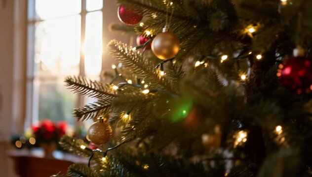 Close-up of decorated Christmas tree with warm glowing string lights, shiny gold and red ornaments, and festive holiday decor in bright indoor setting