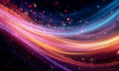 Abstract swirling light streaks with sparkling particles in pink, orange, and blue hues.