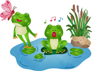 Fototapeta premium Illustration of Frogs Singing in a Pond Watercolor Hand Drawn Style