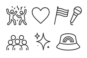 Pride Festival Icons. Pride Festival Elements linear icon set: dancing figures, rainbow confetti, love heart, celebration flag, microphone, community crowd, sparkle star, pride hat