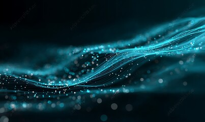 Abstract Teal Blue Particle Flow Elegant Wave Digital Art Background Modern Design Futuristic Technology Network Connection Lines Shiny Sparkling Glowing Light Bokeh.