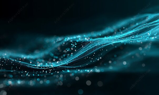 Abstract Teal Blue Particle Flow Elegant Wave Digital Art Background Modern Design Futuristic Technology Network Connection Lines Shiny Sparkling Glowing Light Bokeh.
