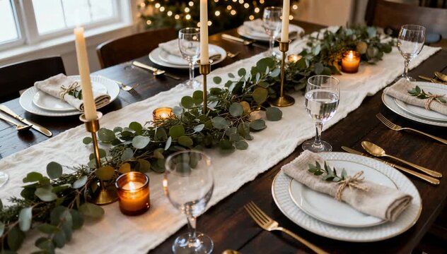 Elegant dining table set for a special occasion with a rustic wooden surface, adorned with a flowing white table runner, lush greenery, tall candle