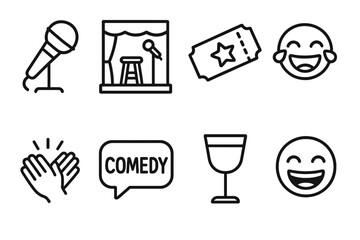 Open Mic Night Icons. Open mic night concept linear icon set: microphone, stage, stool, ticket, laughing face, applause, comedy text bubble, drink glass