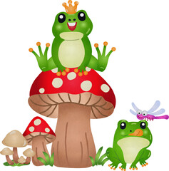 Frog Prince and Friends on Mushrooms Watercolor Hand Drawn Style
