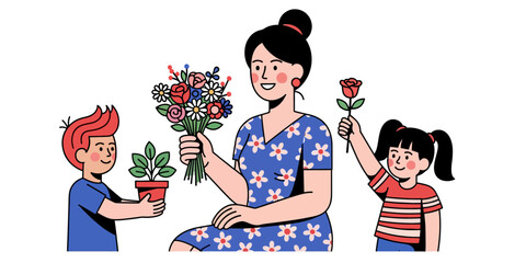 Sweet flat vector illustration depicting a Mother's Day celebration or family celebration.