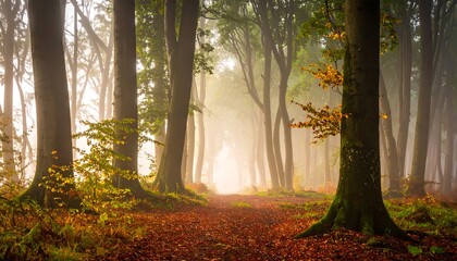Autumn path through a forest with tall trees and fallen leaves, bathed in soft, diffused light through the misty air