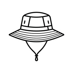 Simple black and white line art icon of a bucket hat with a chin strap, isolated on