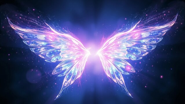 Glowing fantasy wings made of luminous light and sparkling paint splashes, isolated on transparent background, perfect for magical designs, overlays, posters and digital art.