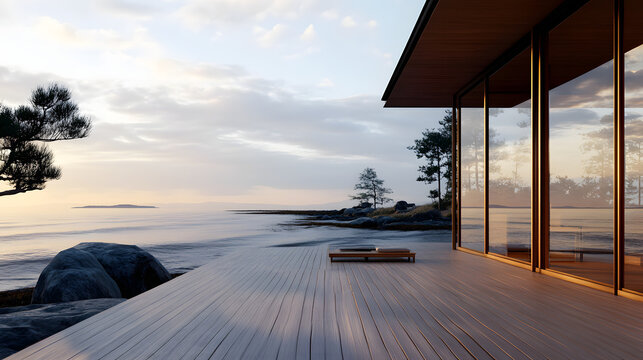 Modern waterfront glass house deck overlooks calm sea during soft sunset with distant island silhouette