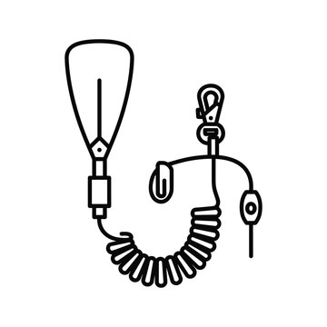 Outline icon of a coiled safety tether or lanyard with a carabiner clip and attachment point, isolated on