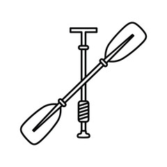 Line art icon of crossed kayak paddle and inflatable boat pump isolated on