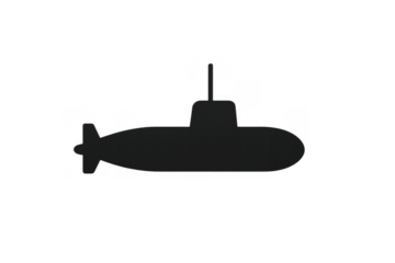 Submarine silhouette icon representing underwater travel, naval military transportation, and exploration with a transparent background