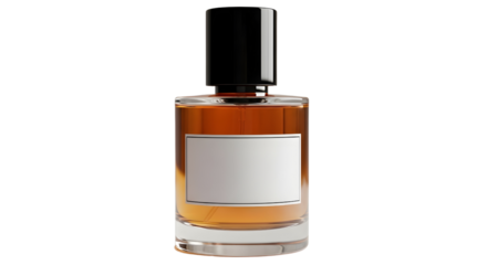 A minimalist, clear glass perfume bottle with an amber liquid, a blank white label, and a black cap, centered against a transparent  background.
