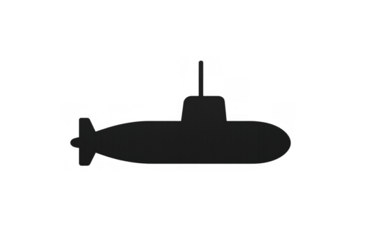 Submarine silhouette icon representing underwater travel, naval military transportation, and exploration with a transparent background