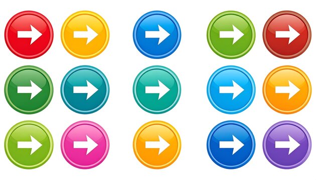 Array of colorful, glossy circular arrow icons pointing right, arranged in rows on a plain white backdrop